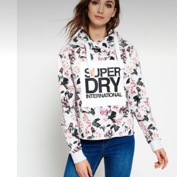 Super dry floral cut off crop hooded logo sweatshirt small - Picture 1 of 7